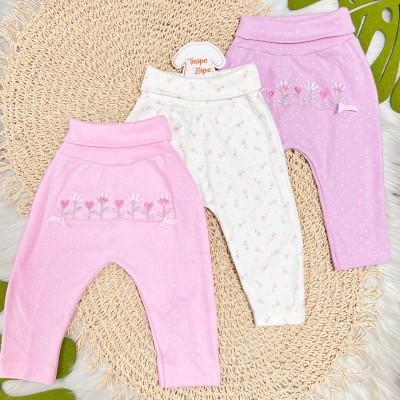  Kit 3 Calças - Jardim de Flores - Lilás, Rose e Off White